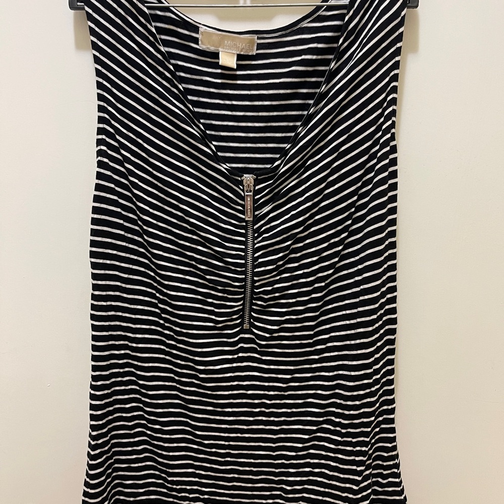 Michael Kors Black and White Ruched Sleeveless Tank Top